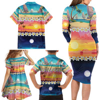 Hawaii Beach Landscape Time-Lapse Family Matching Long Sleeve Bodycon Dress and Hawaiian Shirt Tropical Plumeria Flowers LT01 - Polynesian Pride