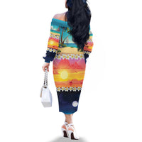 Hawaii Beach Landscape Time-Lapse Family Matching Off The Shoulder Long Sleeve Dress and Hawaiian Shirt Tropical Plumeria Flowers LT01 - Polynesian Pride