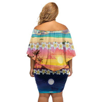 Hawaii Beach Landscape Time-Lapse Family Matching Off Shoulder Short Dress and Hawaiian Shirt Tropical Plumeria Flowers LT01 - Polynesian Pride