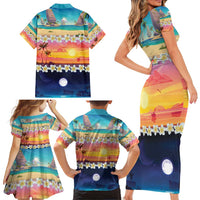 Hawaii Beach Landscape Time-Lapse Family Matching Short Sleeve Bodycon Dress and Hawaiian Shirt Tropical Plumeria Flowers LT01 - Polynesian Pride