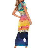 Hawaii Beach Landscape Time-Lapse Short Sleeve Bodycon Dress Tropical Plumeria Flowers - Polynesian Pride