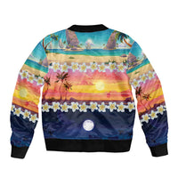 Hawaii Beach Landscape Time-Lapse Sleeve Zip Bomber Jacket Tropical Plumeria Flowers - Polynesian Pride