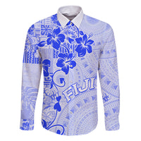Fiji Masi With Hibiscus Tapa Tribal Family Matching Short Sleeve Bodycon Dress and Hawaiian Shirt Blue Pastel LT01 Dad's Shirt - Long Sleeve Blue - Polynesian Pride