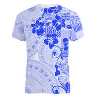Fiji Masi With Hibiscus Tapa Tribal Women V Neck T Shirt Blue Pastel LT01 - Polynesian Pride