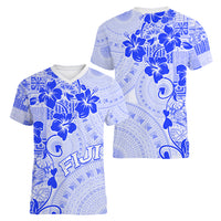 Fiji Masi With Hibiscus Tapa Tribal Women V Neck T Shirt Blue Pastel LT01 - Polynesian Pride