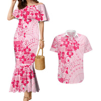 Fiji Masi With Hibiscus Tapa Tribal Couples Matching Mermaid Dress and Hawaiian Shirt Pink Pastel LT01 Pink - Polynesian Pride