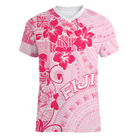 Fiji Masi With Hibiscus Tapa Tribal Women V Neck T Shirt Pink Pastel LT01 Female Pink - Polynesian Pride