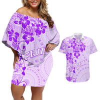 Fiji Masi With Hibiscus Tapa Tribal Couples Matching Off Shoulder Short Dress and Hawaiian Shirt Purple Pastel LT01 Purple - Polynesian Pride