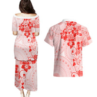 Fiji Masi With Hibiscus Tapa Tribal Couples Matching Puletasi Dress and Hawaiian Shirt Red Pastel LT01 - Polynesian Pride