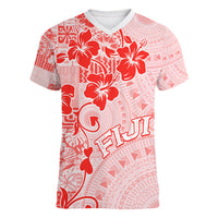 Fiji Masi With Hibiscus Tapa Tribal Women V Neck T Shirt Red Pastel LT01 Female Red - Polynesian Pride