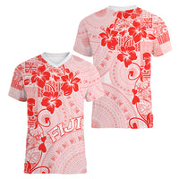 Fiji Masi With Hibiscus Tapa Tribal Women V Neck T Shirt Red Pastel LT01 - Polynesian Pride