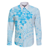 Fiji Masi With Hibiscus Tapa Tribal Family Matching Off Shoulder Long Sleeve Dress and Hawaiian Shirt Sky Blue Pastel LT01 Dad's Shirt - Long Sleeve Blue - Polynesian Pride