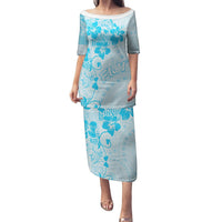 Fiji Masi With Hibiscus Tapa Tribal Puletasi Sky Blue Pastel LT01 Long Dress Blue - Polynesian Pride