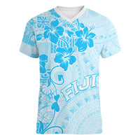 Fiji Masi With Hibiscus Tapa Tribal Women V Neck T Shirt Sky Blue Pastel LT01 Female Blue - Polynesian Pride