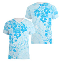 Fiji Masi With Hibiscus Tapa Tribal Women V Neck T Shirt Sky Blue Pastel LT01 - Polynesian Pride