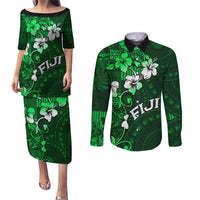 Fiji Masi Couples Matching Puletasi Dress and Long Sleeve Button Shirt Fijian Hibiscus Tapa Green Version LT01 Green - Polynesian Pride