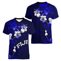 Fiji Masi Women V Neck T Shirt Fijian Hibiscus Navy Blue Gold Version LT01 - Polynesian Pride