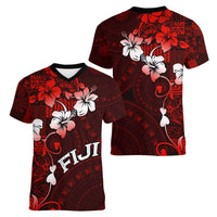 Fiji Masi Women V Neck T Shirt Fijian Hibiscus Tapa Red Version LT01 - Polynesian Pride