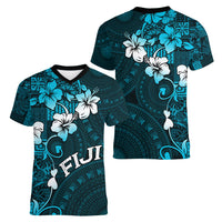 Fiji Masi Women V Neck T Shirt Fijian Hibiscus Tapa Sky Blue Version LT01 - Polynesian Pride