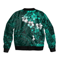Fiji Masi Bomber Jacket Fijian Hibiscus Tapa Turquoise Version LT01 - Polynesian Pride