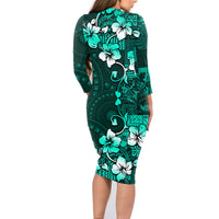 Fiji Masi Family Matching Long Sleeve Bodycon Dress and Hawaiian Shirt Fijian Hibiscus Tapa Turquoise Version LT01 - Polynesian Pride