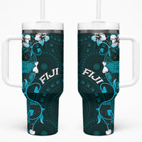 Fiji Masi Tumbler With Handle Fijian Hibiscus Tapa Turquoise Version