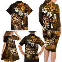 Fiji Masi Paisley With Hibiscus Tapa Family Matching Long Sleeve Bodycon Dress and Hawaiian Shirt Gold Version LT01 - Polynesian Pride