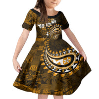 Fiji Masi Paisley With Hibiscus Tapa Family Matching Off Shoulder Short Dress and Hawaiian Shirt Gold Version LT01 Daughter's Dress Gold - Polynesian Pride