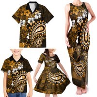 Fiji Masi Paisley With Hibiscus Tapa Family Matching Tank Maxi Dress and Hawaiian Shirt Gold Version LT01 - Polynesian Pride