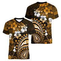 Fiji Masi Paisley With Hibiscus Tapa Women V Neck T Shirt Gold Version LT01 - Polynesian Pride