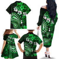 Fiji Masi Paisley With Hibiscus Tapa Family Matching Off Shoulder Long Sleeve Dress and Hawaiian Shirt Green Version LT01 - Polynesian Pride