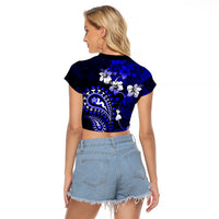 Fiji Masi Paisley With Hibiscus Tapa Raglan Cropped T Shirt Navy Blue Version LT01 - Polynesian Pride