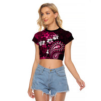 Fiji Masi Paisley With Hibiscus Tapa Raglan Cropped T Shirt Pink Version LT01 Female Pink - Polynesian Pride