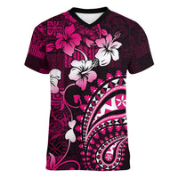 Fiji Masi Paisley With Hibiscus Tapa Women V Neck T Shirt Pink Version LT01 Female Pink - Polynesian Pride