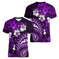 Fiji Masi Paisley Women V Neck T Shirt Fijian Hibiscus Tapa Purple Version LT01 - Polynesian Pride