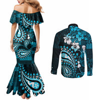 Fiji Masi Paisley Couples Matching Mermaid Dress and Long Sleeve Button Shirt Fijian Hibiscus Tapa Sky Blue Version LT01 - Polynesian Pride