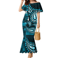 Fiji Masi Paisley Family Matching Mermaid Dress and Hawaiian Shirt Fijian Hibiscus Tapa Sky Blue Version LT01 Mom's Dress Blue - Polynesian Pride