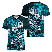 Fiji Masi Paisley Women V Neck T Shirt Fijian Hibiscus Tapa Sky Blue Version LT01 - Polynesian Pride