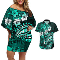 Fiji Masi Paisley Couples Matching Off Shoulder Short Dress and Hawaiian Shirt Fijian Hibiscus Tapa Turquoise Version LT01 Turquoise - Polynesian Pride
