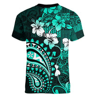 Fiji Masi Paisley Women V Neck T Shirt Fijian Hibiscus Tapa Turquoise Version LT01 - Polynesian Pride