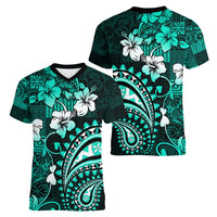 Fiji Masi Paisley Women V Neck T Shirt Fijian Hibiscus Tapa Turquoise Version LT01 - Polynesian Pride