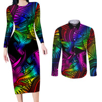 LGBT History Month Couples Matching Long Sleeve Bodycon Dress and Long Sleeve Button Shirt Polynesian Hammerhead Shark LT01 Rainbow - Polynesian Pride