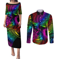 LGBT History Month Couples Matching Puletasi and Long Sleeve Button Shirt Polynesian Hammerhead Shark LT01 Rainbow - Polynesian Pride