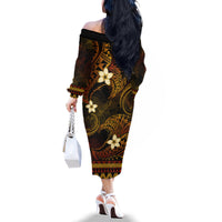 FSM Pohnpei State Family Matching Off Shoulder Long Sleeve Dress and Hawaiian Shirt Tribal Pattern Gold Version LT01 - Polynesian Pride