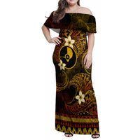 FSM Yap State Family Matching Off Shoulder Maxi Dress and Hawaiian Shirt Tribal Pattern Gold Version LT01 Mom's Dress Gold - Polynesian Pride