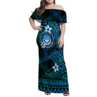 FSM Culture Day Family Matching Off Shoulder Maxi Dress and Hawaiian Shirt Tribal Pattern Ocean Version LT01 Mom's Dress Blue - Polynesian Pride
