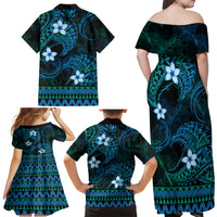 FSM Chuuk State Family Matching Off Shoulder Maxi Dress and Hawaiian Shirt Tribal Pattern Ocean Version LT01 - Polynesian Pride