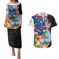 Personalized Guam Fourth of July Couples Matching Puletasi and Hawaiian Shirt Tropical Flowers