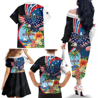 Personalized Guam Fourth of July Family Matching Off The Shoulder Long Sleeve Dress and Hawaiian Shirt Tropical Flowers