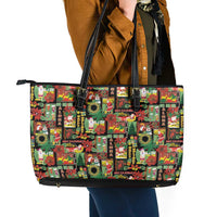 Hawaiian Santa Christmas Pattern Leather Tote Bag Black Version - Polynesian Pride